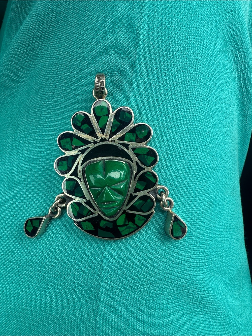 Taxco Silver-Tone Tribal Mask Pendant Necklace with Green Stones